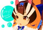  1girl animal_ears blue_ribbon brown_eyes brown_hair chipmunk_ears chipmunk_girl chipmunk_tail extra_ears grey_hair highres kemono_friends kemono_friends_v_project microphone multicolored_hair ribbon scarf short_hair siberian_chipmunk_(kemono_friends) simple_background solo tail tsuna_ito27110 two-tone_hair upper_body virtual_youtuber 