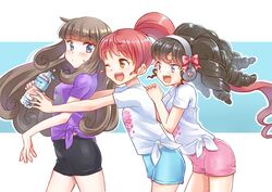  3girls :d ;d black_shorts blue_shorts bottle bow brown_hair cowboy_shot drill_hair fangs from_side gaaruru_(pripara) girl_sandwich hair_bow hands_on_another&#039;s_back headphones holding holding_bottle hug hug_from_behind kurosu_aroma long_hair multiple_girls okiru one_eye_closed open_mouth pink_bow pink_shorts ponytail pretty_series pripara purple_shirt red_eyes redhead sandwiched shiratama_mikan shirt short_sleeves shorts small_sweatdrop smile t-shirt teeth tied_shirt upper_teeth_only very_long_hair violet_eyes water_bottle white_shirt 