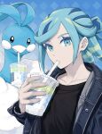  1boy altaria alternate_costume aqua_eyes aqua_hair black_sweater blue_background collarbone commentary_request cup drinking drinking_straw eyelashes grusha_(pokemon) hair_bun hand_up highres holding holding_cup jacket long_sleeves male_focus min_(myna8247) open_clothes open_jacket pokemon pokemon_(creature) pokemon_sv ribbed_sweater signature sweater upper_body 