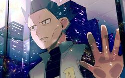  1boy =_(9_yawbus) against_window blue_hair cityscape cyrus_(pokemon) hand_on_glass highres male_focus pokemon pokemon_dppt reflection short_hair solo spiky_hair upper_body vest white_vest 