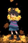  1other absurdres ahoge aqua_shirt aqua_shorts black_background black_footwear blush boots brown_hair child closed_eyes closed_mouth falling_petals flower frisk_(undertale) full_body golden_flower_(undertale) hair_between_eyes highres holding holding_flower long_sleeves nikorashi-ka petals purple_shirt shirt short_hair shorts standing striped_clothes striped_shirt undertale yellow_flower yellow_petals 