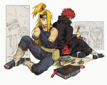  2boys akatsuki_uniform amputee back-to-back bare_shoulders black_pants black_robe black_tanktop blonde_hair blueprint_(object) deidara_(naruto) double_amputee forehead_protector hair_over_one_eye high_ponytail highres holding holding_screwdriver knee_up leg_warmers long_hair male_focus mechanical_parts multiple_boys nail_polish naruto_(series) naruto_shippuuden open_mouth pants pliers redhead robe sandals sansanpai sasori_(naruto) screwdriver sitting tank_top teeth upper_teeth_only white_background white_leg_warmers wire 
