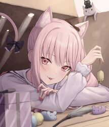  1girl :p akiyama_mizuki animal_ears blush box cardboard_box cat cat_ears cat_teaser gift gift_box highres huran_tea mouse_(animal) pink_eyes pink_hair pink_nails project_sekai tongue tongue_out 