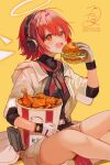  1girl absurdres arknights black_shirt bucket_of_chicken burger chicken_(food) commentary_request eating exusiai_(arknights) exusiai_(city_rider)_(arknights) fa2_(etu831) food fried_chicken gloves halo headphones highres holding holding_burger holding_food hood hood_down hooded_jacket indian_style jacket kfc looking_at_viewer neckerchief open_clothes open_jacket open_mouth red_neckerchief red_socks redhead shirt short_hair short_sleeves shorts signature simple_background sitting socks solo teeth upper_teeth_only white_gloves white_jacket white_shorts yellow_background yellow_eyes 