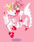  1girl antenna_hair bow bowtie brown_hair cardcaptor_sakura dress feathered_wings full_body fuuin_no_tsue gloves green_eyes highres holding holding_wand kero_(cardcaptor_sakura) kinomoto_sakura looking_at_viewer magical_girl marina_(mrn9) pink_background pink_dress pink_hat puffy_short_sleeves puffy_sleeves red_bow red_bowtie red_footwear shadow short_hair short_sleeves thigh-highs wand white_gloves white_thighhighs white_wings wings 