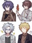  4boys ? atou_haruki black_hair black_shirt blonde_hair blue_eyes blue_hair brown_eyes brown_hair brown_jacket brown_scarf brown_sweater capelet chinese_commentary closed_eyes closed_mouth commentary_request glasses gold_trim grey_shirt hair_between_eyes highres jabuchi_you jacket kanou_aogu lab_coat laogong_haizi_zai_tiantang long_sleeves male_focus multiple_boys open_clothes open_jacket open_mouth rectangular_eyewear ribbed_sweater saibou_shinkyoku scarf shirt short_hair smile sparkle spoken_question_mark sweater turtleneck turtleneck_sweater utsugi_noriyuki white_capelet white_hair white_shirt 