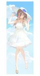  1girl absurdres blue_sky braid breasts brown_hair closed_mouth clouds cloudy_sky dress full_body hair_between_eyes hat highres kji_(rozo) long_hair looking_at_viewer medium_breasts original sandals sky smile solo sun_hat sundress white_dress white_hat 