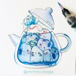  art_tools_in_frame artist_name blue_eyes blue_flower blue_theme blush_stickers closed_mouth expressionless flower hibud lid lowres no_humans object_focus open_mouth original photo_(medium) smile solid_circle_eyes submerged teapot traditional_media yoyo_the_ricecorpse 