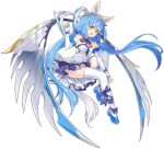  1girl :d animal_ears ark_order artist_request bare_shoulders blue_bow blue_bowtie blue_flower blue_hair blue_ribbon bow bowtie dress elbow_gloves fingerless_gloves flower frilled_dress frills full_body gloves gold_trim horse_ears horse_tail leg_ribbon long_hair low_twintails mechanical_wings official_art pegasus_(ark_order) ribbon shoes sidelocks sleeveless sleeveless_dress smile solo tachi-e tail thigh-highs tiara transparent_background twintails very_long_hair white_dress white_gloves white_thighhighs wing_hair_ornament wings wrist_cuffs yellow_eyes 