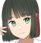  1girl black_hair blunt_bangs blunt_ends close-up commentary_request flower flower_knot green_eyes hair_flower hair_ornament hand_up highres light_smile link!_like!_love_live! looking_at_viewer love_live! momose_ginko s_sho_mkrn sailor_collar short_hair simple_background solo virtual_youtuber white_background white_sailor_collar 