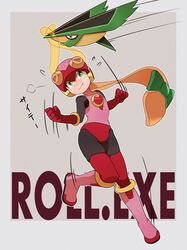  1girl 3suisousui absurdres black_bodysuit blonde_hair bodysuit boots border brown_background character_name full_body green_eyes heart helmet highres leotard long_hair mega_man_(series) mega_man_battle_network_(series) pink_footwear pink_helmet pink_leotard roll.exe_(mega_man) white_border 