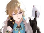  1boy aventurine_(honkai:_star_rail) between_fingers black_collar black_gloves black_jacket blonde_hair blue_eyes blue_gemstone blue_shirt card clothing_cutout collar collared_shirt crossed_bangs daken_uwu earrings fur-trimmed_jacket fur_trim gem gloves gold_necklace gold_ring gold_trim hair_between_eyes hand_on_own_face hands_up holding holding_card honkai:_star_rail honkai_(series) jacket jewelry long_sleeves looking_at_viewer male_focus multicolored_eyes necklace open_clothes open_jacket open_mouth playing_card ring shirt short_hair simple_background single_earring smile solo sparkle teeth upper_body violet_eyes watch watch white_background 