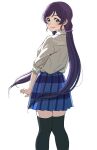  1girl black_thighhighs blue_skirt commentary dunchy from_behind green_eyes highres long_hair looking_at_viewer love_live! love_live!_school_idol_project pleated_skirt purple_hair shirt simple_background skirt solo thigh-highs tojo_nozomi twintails white_background white_shirt 