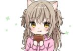  1girl animal_ear_fluff animal_ears bad_source blush cat_ears cat_girl chibi chieri_(yumoran) closed_mouth commentary_request eating food food_request hair_between_eyes holding holding_food hood hood_down light_brown_hair long_hair looking_at_viewer lowres original pink_shirt shirt sleeves_past_wrists solo straight-on tongue tongue_out white_background yellow_eyes yumoran 