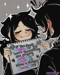  1boy 1girl andrew_graves ashley_graves black_hair black_sweater blush closed_eyes english_text grey_background highres holding holding_sign implied_incest ponytail siblings sign skullmyst sweater the_coffin_of_andy_and_leyley 
