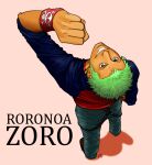  1boy alternate_costume black_eyes character_name clenched_hand commentary denim earrings english_commentary full_body green_hair jeans jewelry kotszok long_sleeves male_focus one_piece pants roronoa_zoro shadow short_hair signature single_earring skull_and_crossbones smile solo standing teeth 