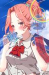  1girl absurdres blush bottle bow bowtie breasts curtained_hair drinking heaven_burns_red highres maria_de_angelis medium_hair red_bow red_bowtie red_eyes shirt solo summer takato water_bottle white_shirt 