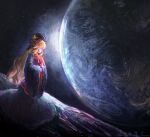  1girl blonde_hair chinese_clothes closed_mouth earth_(planet) full_body ge_dazuo hanfu highres junko_(touhou) long_hair long_sleeves moon own_hands_together phoenix_crown planet red_eyes solo space standing touhou wavy_hair wide_sleeves 
