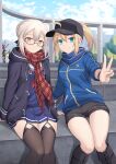  3girls ahoge armor artoria_pendragon_(fate) baseball_cap black-framed_eyewear black_hat black_shorts blonde_hair blue_eyes blue_jacket blue_scarf blue_skirt bodysuit braid breasts coat cross_(crossryou) duffel_coat fate/grand_order fate_(series) french_braid fringe_trim glasses green_eyes hair_between_eyes hair_through_headwear hat highres jacket long_hair looking_at_viewer mecha mecha_musume mechanical_arms mechanical_legs mechanical_parts multiple_girls mysterious_heroine_x_(fate) mysterious_heroine_x_alter_(fate) mysterious_heroine_x_alter_(first_ascension)_(fate) mysterious_heroine_xx_(fate) mysterious_heroine_xx_(first_ascension)_(fate) open_clothes open_coat plaid plaid_scarf pleated_skirt ponytail power_suit red_scarf robot scarf school_uniform semi-rimless_eyewear shorts skirt thigh-highs track_jacket under-rim_eyewear wings yellow_eyes 