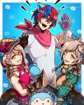  1girl 3boys alear_(fire_emblem) alear_(male)_(fire_emblem) bandana blue_hair braid brother_and_sister brown_scarf clanne_(fire_emblem) crossed_bangs eyeliner fire_emblem fire_emblem_engage flannel framme_(fire_emblem) gzei heterochromia highres makeup multicolored_hair multiple_boys open_mouth pink_eyeliner plaid plaid_headwear plaid_scarf redhead scarf siblings single_braid sommie_(fire_emblem) split-color_hair twins two-tone_hair 