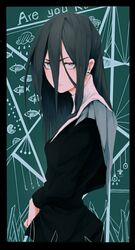  1girl black_border black_dress black_hair blue_eyes border brh cowboy_shot dress earrings english_text fish from_side green_background hair_between_eyes highres jewelry long_bangs long_hair long_hair_between_eyes long_sleeves looking_at_viewer open_mouth original solo 