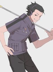  1boy black_eyes black_hair black_pants hand_on_hip headphones holding holding_weapon looking_at_viewer no_bangs purple_shirt weapon_over_shoulder world_trigger yawai_tofu yoneya_yousuke 