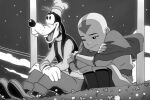  2boys aang aangsbackscar avatar:_the_last_airbender avatar_legends boots child closed_mouth disney dog_boy gloves goofy greyscale hat long_sleeves looking_at_viewer male_focus monochrome multiple_boys outdoors sad sitting smile star_(sky) toon_(style) white_gloves 