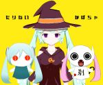  3girls absurdres aimaina alternate_costume aqua_hair black_eyes black_hair closed_mouth doushite-chan hat hatsune_miku highres jewelry long_hair looking_at_viewer multiple_girls necklace oblivious_pumpkin_(vocaloid) open_mouth pink_hair pinocchio-p red_eyes twintails very_long_hair violet_eyes vocaloid witch_hat 
