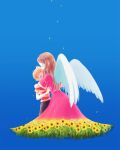  1boy 1girl angel_wings black_shorts blonde_hair blue_background blue_eyes brown_hair closed_eyes dress falling_petals field flower flower_field hinawa hug lucas_(mother_3) memi_(gamemix) mother_(game) mother_3 mother_and_son petals pink_dress short_sleeves shorts sunflower sunflower_field wings yellow_flower 