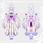  1boy absurdres bracelet braid detached_sleeves dress earrings eastern_dragon_horns english_text full_body highres horns jewelry long_hair looking_at_viewer low-tied_long_hair male_focus multiple_views original pointy_ears reference_sheet virtual_youtuber white_hair yellow_eyes zhijing_niao 