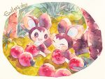  :d apple character_name closed_eyes commentary_request eating emolga food food_on_face fruit holding holding_food holding_fruit no_humans oharu-chan open_mouth painting_(medium) pokemon pokemon_(creature) smile traditional_media watercolor_(medium) 