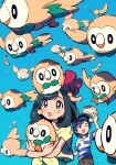  1boy 1girl absurdres animal bird black_hair blue_background blue_eyes blue_shirt blush_stickers brown_feathers brown_pants chueog elio_(pokemon) feathers flying gradient_background hat highres holding holding_animal midair one_eye_closed open_mouth owl pants pokemon pokemon_sm red_hat rowlet selene_(pokemon) shirt standing striped_clothes striped_shirt teeth two-tone_shirt upper_teeth_only white_shirt yellow_shirt 