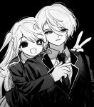  1boy 1girl collared_shirt greyscale hand_up hoshino_aquamarine hoshino_ruby hug hug_from_behind jacket jihecchi long_hair long_sleeves looking_at_viewer mismatched_pupils monochrome necktie open_mouth oshi_no_ko parted_lips shirt simple_background smile star-shaped_pupils star_(symbol) symbol-shaped_pupils two_side_up upper_body v very_long_hair wing_collar 