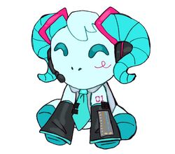  ^_^ animal animal_focus aqua_necktie blue_fur blush closed_eyes clothed_animal cosplay detached_sleeves grey_shirt hatsune_miku hatsune_miku_(cosplay) headset hooves horns jschlatt muffdash necktie no_humans rammie sheep sheep_horns shirt sitting tattoo vocaloid white_background youtooz 