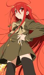  1girl bad_id bad_twitter_id bow bowtie brown_thighhighs cowboy_shot green_shirt green_skirt hair_between_eyes hand_on_own_hip highres inactive_account jewelry kerorira long_hair long_sleeves looking_at_viewer pendant pleated_skirt red_background red_eyes redhead school_uniform shakugan_no_shana shana shirt skirt smile solo standing thigh-highs 