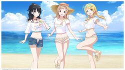  3girls ahoge beach bikini black_hair blonde_hair blue_eyes blue_sky brown_eyes brown_hair clouds commentary_request denim denim_shorts eyewear_on_head hachimiya_meguru hat highres idolmaster idolmaster_shiny_colors idolmaster_shiny_colors_song_for_prism illumination_stars_(idolmaster) kazano_hiori long_hair looking_at_viewer low_twintails mole mole_under_mouth multiple_girls navel ocean off-shoulder_shirt off_shoulder official_art open_mouth sakuragi_mano sandals shirt shorts sky stomach straw_hat swimsuit t-shirt twintails white_shirt 