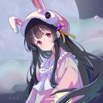  1girl :3 absurdres animal_hat bandaid black_hair bow chinese_commentary closed_mouth clouds commentary_request crescent crescent_hat_ornament dream_soul frilled_shirt_collar frills hat hat_ornament highres houraisan_kaguya kagurachiriri long_hair looking_at_viewer moon night night_sky pink_shirt pixiv_username rabbit_hat red_eyes ribbon shirt sidelocks sky solo star_(sky) touhou upper_body white_bow yellow_ribbon 