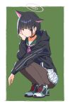  1girl animal_ears black_hair black_jacket blue_archive brown_pantyhose cat_ears closed_mouth colored_inner_hair expressionless full_body halo head_rest highres hood hood_down hooded_jacket jacket kazusa_(blue_archive) long_sleeves looking_at_viewer miniskirt multicolored_hair neckerchief pantyhose pendant_choker pink_neckerchief red_eyes sailor_collar shoes short_hair skirt sneakers solo squatting white_skirt yu_yin 