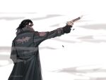  1boy artist_name black_gloves black_hair coat commentary dreamergoat english_commentary from_behind from_side gloves gun highres holding holding_weapon long_sleeves male_focus outdoors scar sergei_dragunov simple_background solo standing tekken weapon 