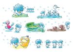  &gt;_&lt; afloat bright_pupils closed_eyes commentary_request ducklett flying_sweatdrops highres lily_pad lotad messy_hair multiple_views no_humans official_art paldean_wooper pokemon pokemon_(creature) porygon2 psyduck quaxly standing swanna water white_pupils 