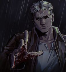  1boy black_background black_jacket blood blood_on_hands closed_mouth commentary dark-skinned_male dark_skin fullmetal_alchemist glasses hashtag-only_commentary highres jacket leather leather_jacket male_focus outstretched_hand rain reaching reaching_towards_viewer scar scar_(fma) scar_across_eyes scar_on_face shirt simple_background solo sunglasses t-shirt tirajpg undershirt upper_body white_hair white_shirt 