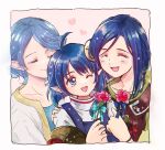  3girls ahoge blue_eyes blue_hair closed_mouth crescent crescent_hair_ornament earrings flower hair_ornament jewelry long_hair mother_and_daughter multiple_girls one_eye_closed open_mouth pointy_ears rena_lanford short_hair smile star_ocean star_ocean_the_second_story 