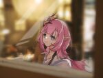  blue_eyes blurry blurry_background closed_mouth elf elysia_(honkai_impact) elysia_(miss_pink_elf)_(honkai_impact) hair_between_eyes hair_ornament highres honkai_(series) honkai_impact_3rd long_hair looking_at_viewer people pink_hair pink_pupils pointy_ears rio_(user_kzxp8757) shirt upper_body white_shirt 