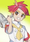  1boy buttons commentary_request crispin_(pokemon) frying_pan gradient_background grin hand_up highres holding holding_frying_pan jacket male_focus multicolored_hair orange_(orangelv20) pokemon pokemon_sv red_pupils redhead short_hair short_sleeves signature smile solo sweat teeth upper_body white_jacket 