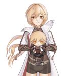  1girl absurdres blonde_hair blush brown_shorts coat english_commentary fumo_(doll) girls&#039;_frontline_2:_exilium girls_frontline giving hair_between_eyes highres incoming_gift long_hair looking_at_viewer orange_eyes ots-14_(girls&#039;_frontline) shorts simple_background smile solo straight-on user_wpxf4484 white_background white_coat 