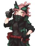  1girl :d black_gloves black_jacket blush boku_no_hero_academia cosplay cowboy_shot cropped_jacket ginjaeru gloves goggles goggles_on_head hatsume_mei highres holding holding_wrench jacket looking_at_viewer midoriya_izuku midoriya_izuku_(cosplay) open_clothes open_jacket open_mouth partially_fingerless_gloves pink_hair smile solo symbol-shaped_pupils teeth upper_teeth_only white_background wrench yellow_eyes 