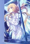  1girl absurdres blonde_hair detached_sleeves fate/grand_order fate_(series) fingernails frills hands_up highres indoors jeanne_d&#039;arc_(fate) long_hair long_sleeves morikura_en night night_sky nightgown own_hands_together parted_lips reflection scan sky solo star_(sky) violet_eyes white_nightgown window 