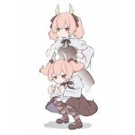  132_(bb32768) 1girl afterimage brown_dress brown_eyes brown_footwear brown_ribbon closed_mouth commentary_request demon_girl demon_horns dress expressionless facing_viewer floating_hair frilled_shirt_collar frills full_body hair_ribbon highres horns linie_(sousou_no_frieren) long_hair long_sleeves looking_ahead motion_blur motion_lines neck_ribbon pink_hair ribbon shadow shirt simple_background solo sousou_no_frieren squatting twintails white_background white_shirt 