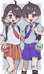  1boy 1girl ahoge backpack bag bandaid bandaid_on_knee bandaid_on_leg black_hair braid brown_eyes collared_shirt fang florian_(pokemon) fuecoco grey_shirt highres juliana_(pokemon) naranja_academy_school_uniform necktie nekojiri open_mouth pokemon pokemon_sv school_uniform shirt short_sleeves shorts socks sprigatito teeth upper_teeth_only uva_academy_school_uniform white_shirt 