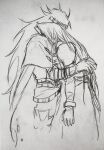  2boys absurdres arms_around_back belt cape cropped_legs final_fantasy final_fantasy_vii gloves graphite_(medium) hand_up head_on_another&#039;s_shoulder headband highres hug long_hair male_focus monochrome multiple_belts multiple_boys pants parted_bangs photo_(medium) sad sanqigouyan sephiroth sketch traditional_media upper_body very_long_hair vincent_valentine 